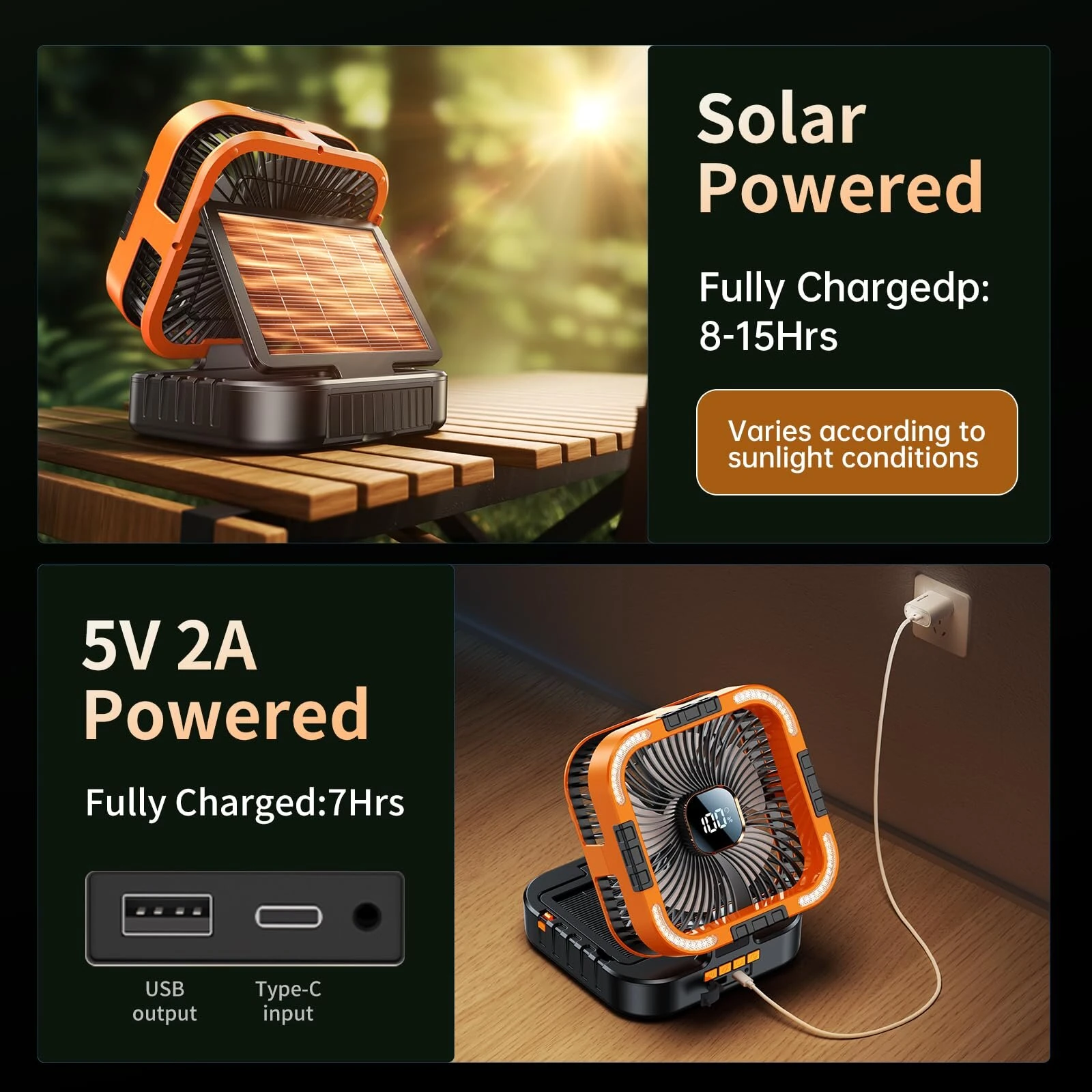 Xmund Solar Camping Fan 10000mAh Power Bank USB C Charging 6 Speeds LED Lantern Portable Outdoor Fan with Timer for Camping — view 4