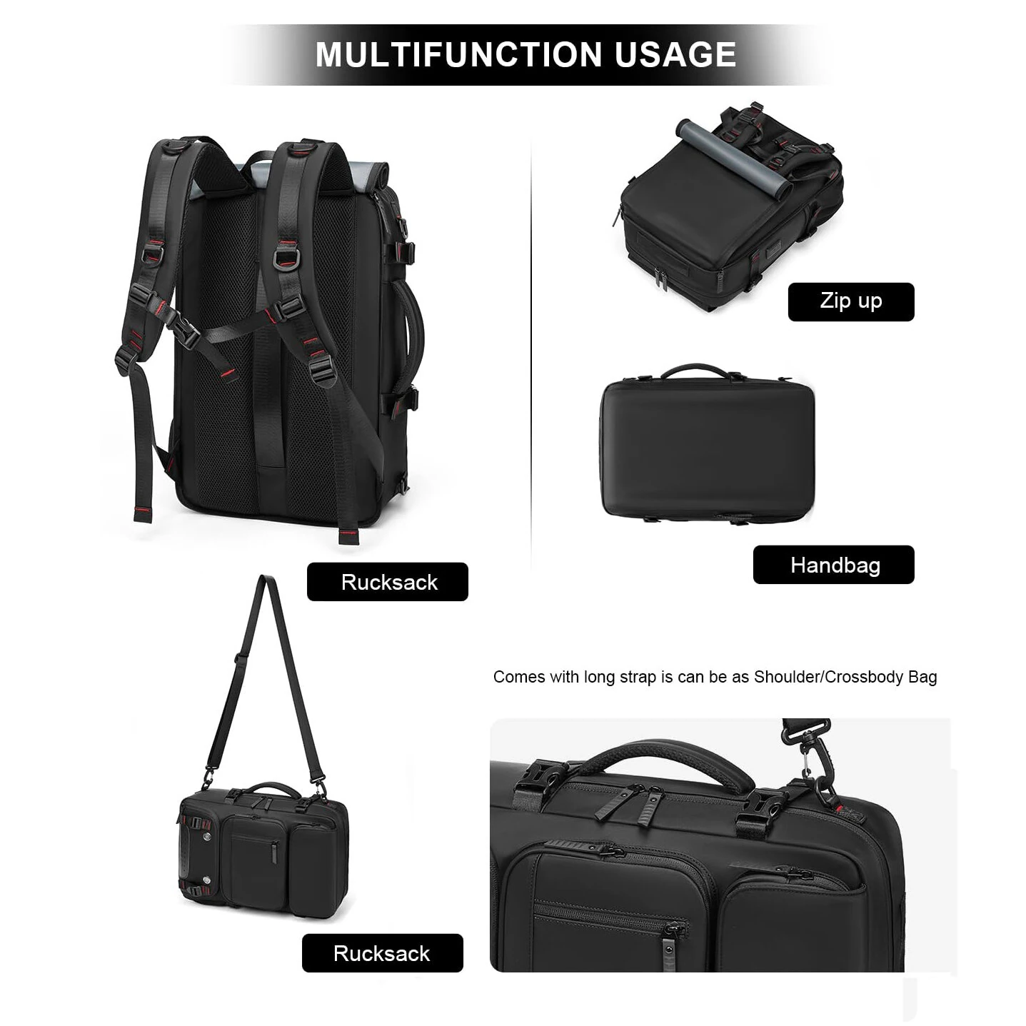 Xmund Unisex Travel Backpack Cabin Bags Multi-functional Shoulder/Handbag Laptop Compartment Ideal for Camping Hiking Daily Commute School Waterproof Lightweight — view 8
