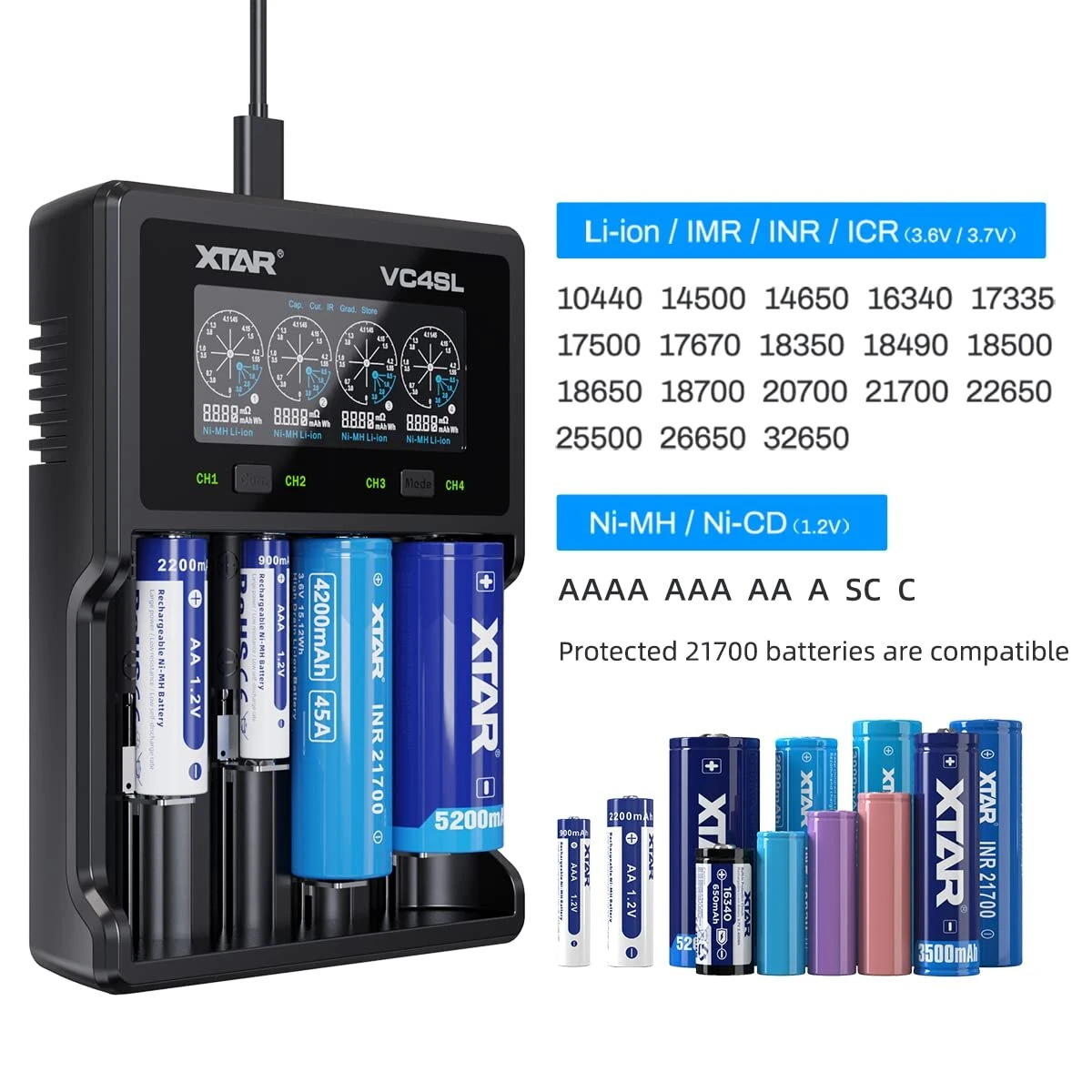 XTAR VC4SL Intellegent LCD Battery Charger USB C QC3.0 Fast Charge 1.2V Ni-MH AAA AA Batteries Rechargeable Li ion 18650 21700 Battery Charger — view 3
