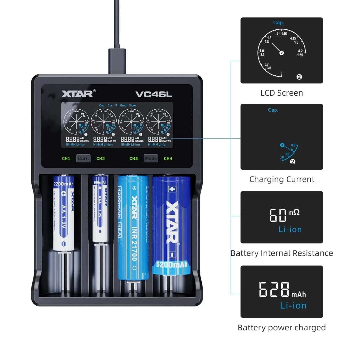 XTAR VC4SL Intellegent LCD Battery Charger USB C QC3.0 Fast Charge 1.2V Ni-MH AAA AA Batteries Rechargeable Li ion 18650 21700 Battery Charger — view 5
