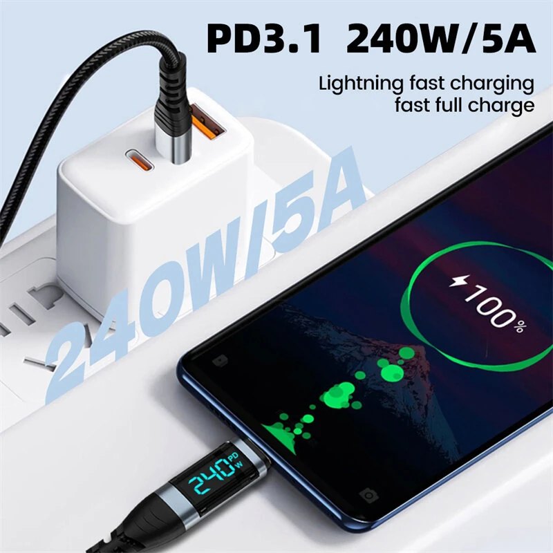 YC092 5A 240W Type-C to Type-C Digital Display Cable PD3.1 Fast Charging Data Transmission Tinned Copper Core Line 0.5M/1.2M/2M Long for iPhone 17 17Pro 16 15 Pro Max for Huawei Mate XTs for SAMSUNG for OPPO — view 5
