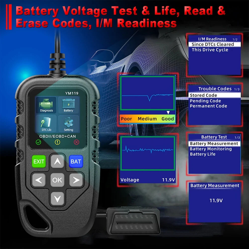 YM119 OBDII Scanner Diagnostic Tool OBD2 Code Reader 1.8-inch TFT Color Screen Car Automotive Diagnostic Tool — view 8