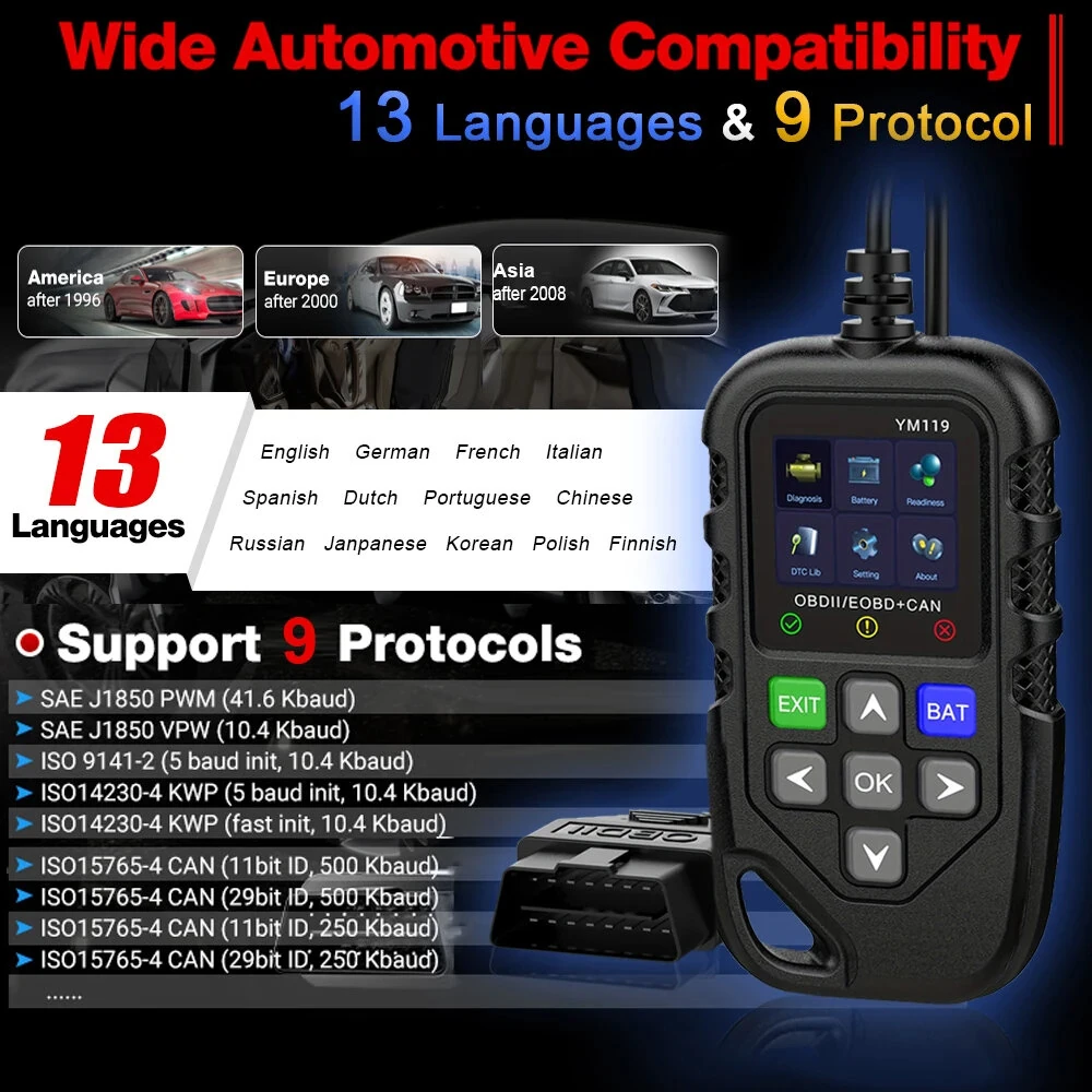 YM119 OBDII Scanner Diagnostic Tool OBD2 Code Reader 1.8-inch TFT Color Screen Car Automotive Diagnostic Tool — view 9