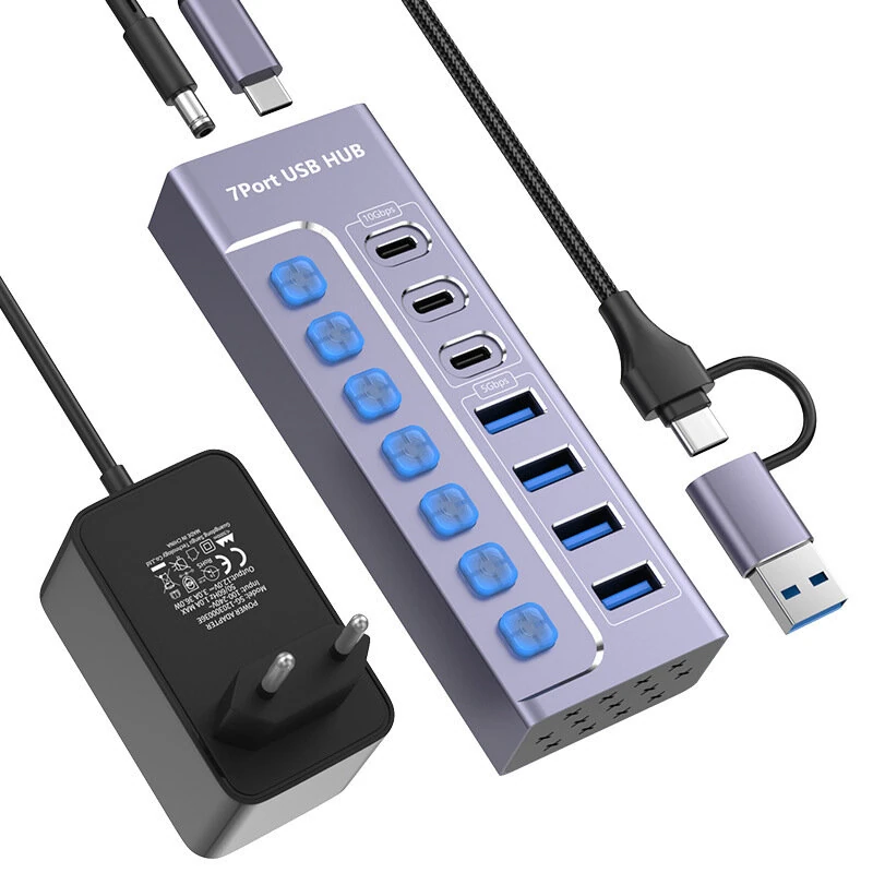 YUCUN 7-Port USB3.0 Hub Multiport Expander with 5Gbps USB-A*4 / 10Gbps USB-C*3 Multiports Aluminum Alloy USB Splitter with Independent Switches for PC Laptop Computer