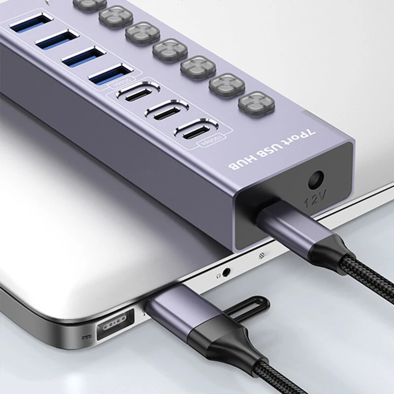 YUCUN 7-Port USB3.0 Hub Multiport Expander with 5Gbps USB-A*4 / 10Gbps USB-C*3 Multiports Aluminum Alloy USB Splitter with Independent Switches for PC Laptop Computer — view 3
