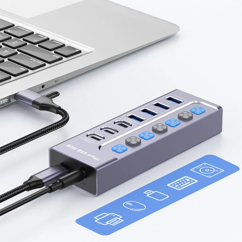 YUCUN 7-Port USB3.0 Hub Multiport Expander with 5Gbps USB-A*4 / 10Gbps USB-C*3 Multiports Aluminum Alloy USB Splitter with Independent Switches for PC Laptop Computer — view 4