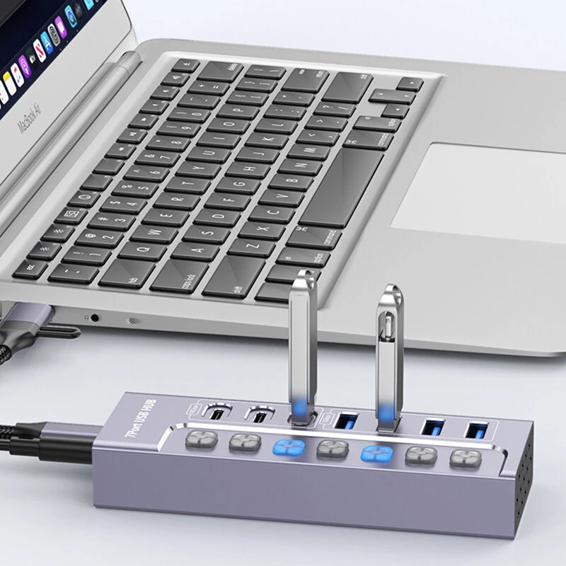 YUCUN 7-Port USB3.0 Hub Multiport Expander with 5Gbps USB-A*4 / 10Gbps USB-C*3 Multiports Aluminum Alloy USB Splitter with Independent Switches for PC Laptop Computer — view 5