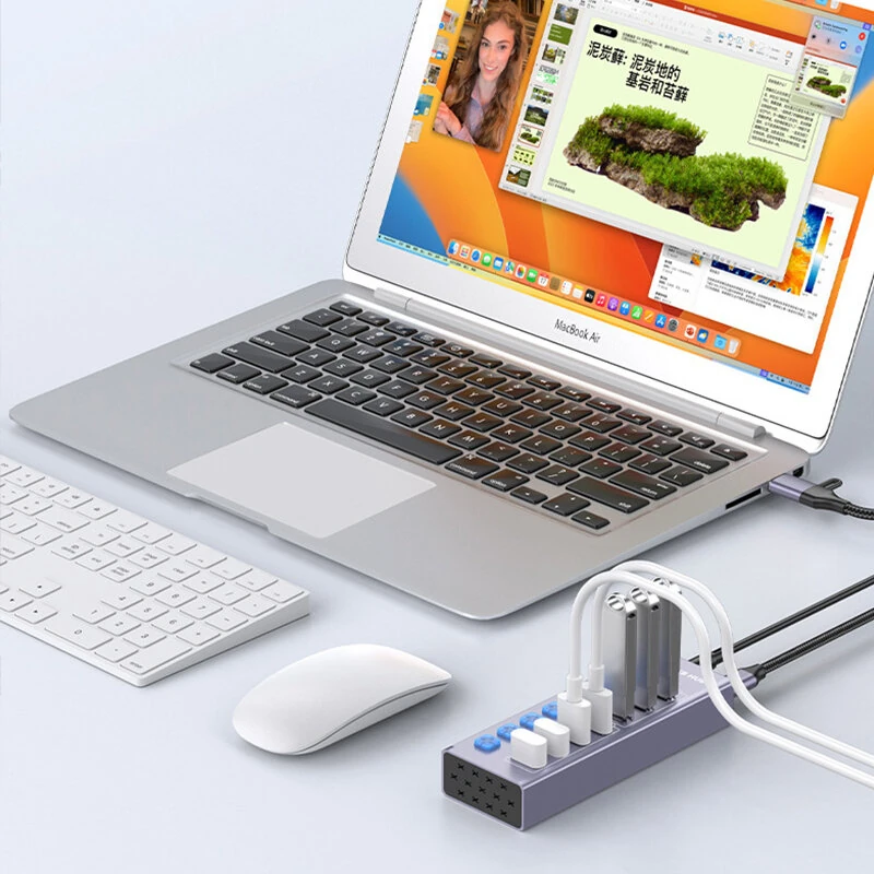 YUCUN 7-Port USB3.0 Hub Multiport Expander with 5Gbps USB-A*4 / 10Gbps USB-C*3 Multiports Aluminum Alloy USB Splitter with Independent Switches for PC Laptop Computer — view 6