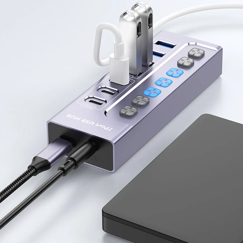 YUCUN 7-Port USB3.0 Hub Multiport Expander with 5Gbps USB-A*4 / 10Gbps USB-C*3 Multiports Aluminum Alloy USB Splitter with Independent Switches for PC Laptop Computer — view 7