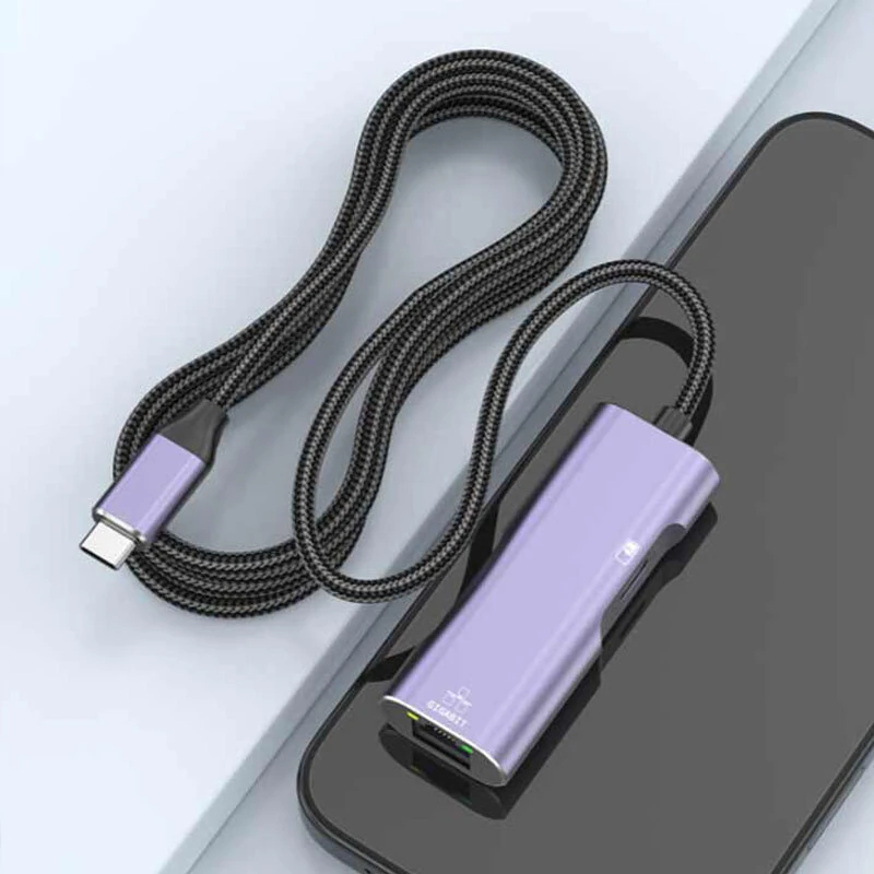 YUCUN PD32 Type-C to Ethernet Adapter Gigabit RJ45 Network Adapter with PD100W Charging 1M Long Cable for iPhone 17 17 Pro for iPad MacBook Android — view 4