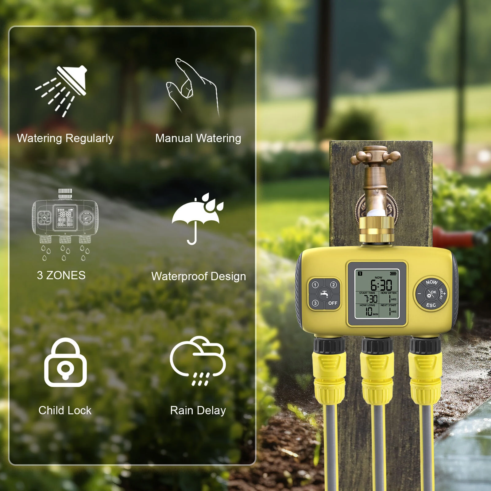 YZD06 Smart Irrigation Controller 3 Programmable Zones Timer Waterproof IP55 Anti-UV Material for Gardens and Nurseries — view 3