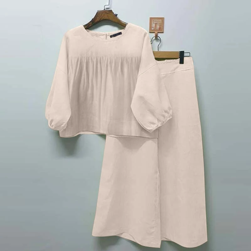 ZANZEA 2pcs Women Loose Fit Long Sleeve Top Long Trousers Casual Solid Color Two Piece Set Plus Size S-5XL — ZANZEA