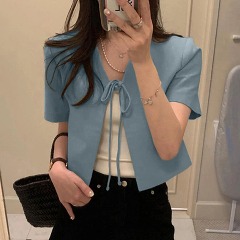 ZANZEA Daily Short Suit Jacket with Tie Front Collar, Short Sleeves Cotton Linen Blend Women's Blazer — view 2
