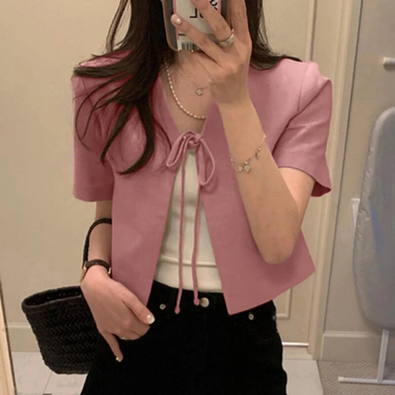 ZANZEA Daily Short Suit Jacket with Tie Front Collar, Short Sleeves Cotton Linen Blend Women's Blazer — view 3