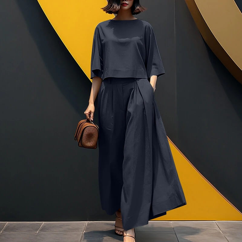ZANZEA Korean Style Womens Elegant Sets Short Sleeve Blouse Top Wide Leg Loose Trousers Casual Suit — view 3