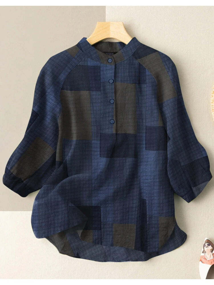 ZANZEA Plus Size Loose Fit Check Print Button Stand Collar 3/4 Sleeve Cotton Linen Women Blouse — ZANZEA