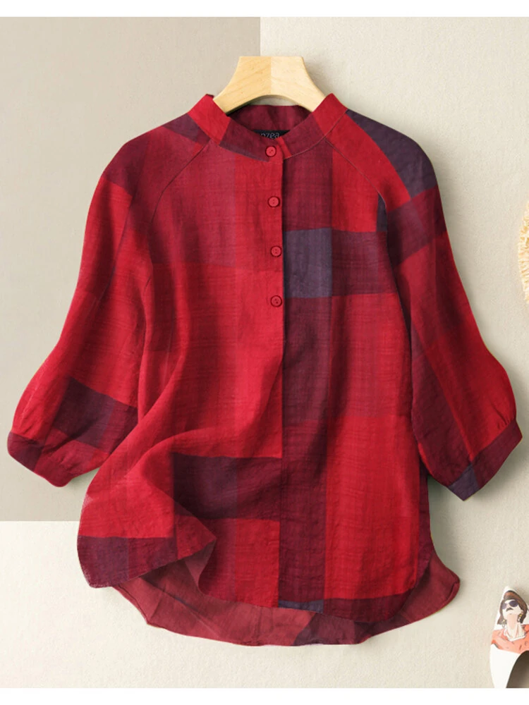 ZANZEA Plus Size Loose Fit Check Print Button Stand Collar 3/4 Sleeve Cotton Linen Women Blouse — view 2