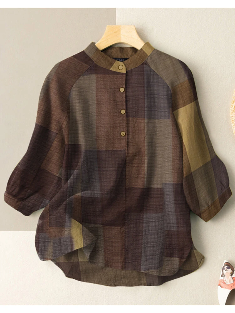 ZANZEA Plus Size Loose Fit Check Print Button Stand Collar 3/4 Sleeve Cotton Linen Women Blouse — view 3