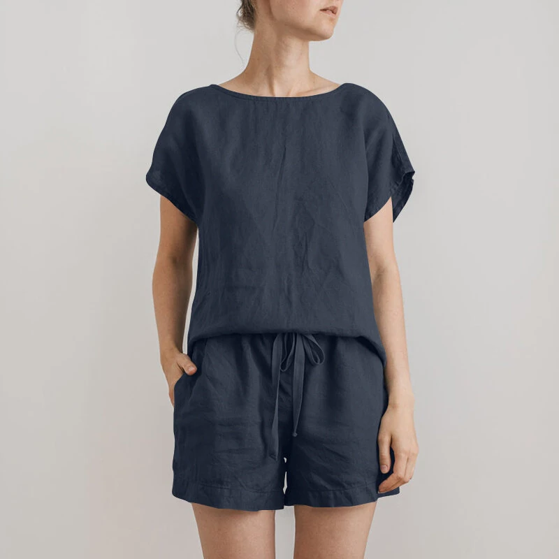 ZANZEA Plus Size Women Cotton Linen Two Set Solid Elastic Waist Pocket Short Sleeve Blouses and Short Casual Summer Two-Piece Set — view 2