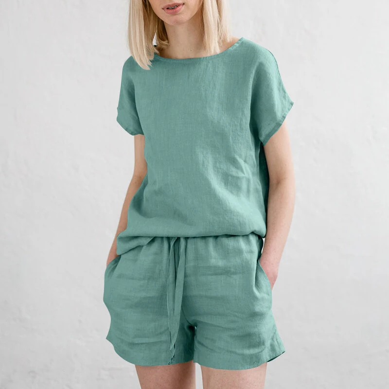 ZANZEA Plus Size Women Cotton Linen Two Set Solid Elastic Waist Pocket Short Sleeve Blouses and Short Casual Summer Two-Piece Set — view 3