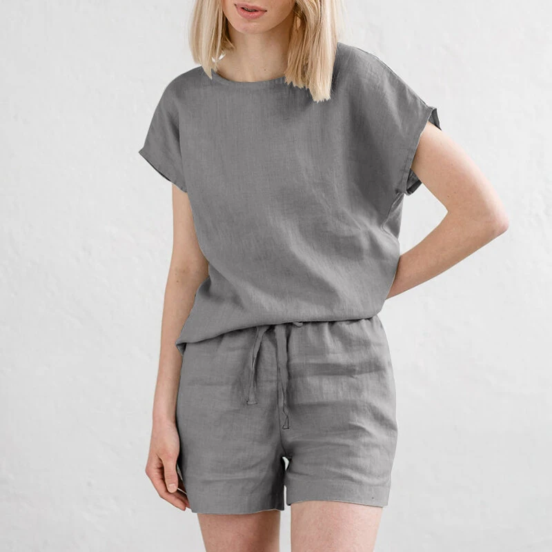 ZANZEA Plus Size Women Cotton Linen Two Set Solid Elastic Waist Pocket Short Sleeve Blouses and Short Casual Summer Two-Piece Set — view 4