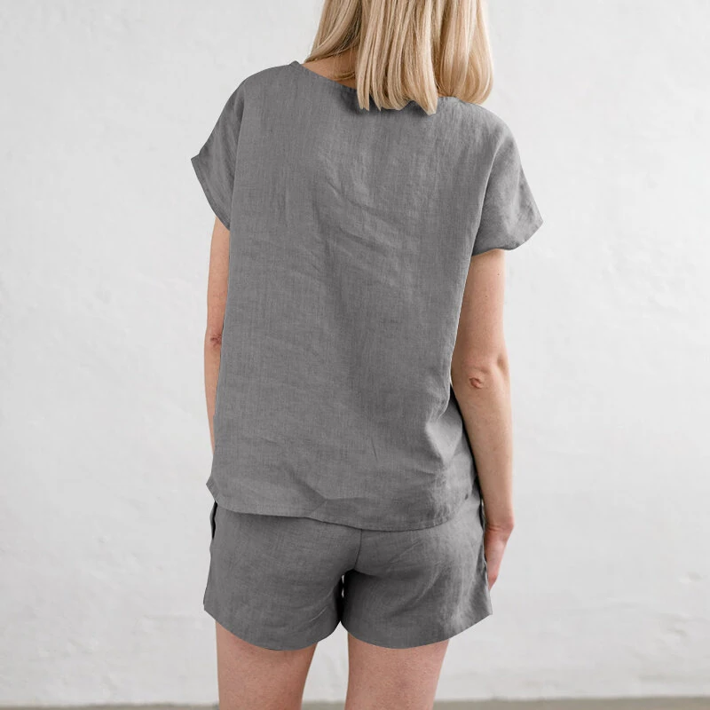 ZANZEA Plus Size Women Cotton Linen Two Set Solid Elastic Waist Pocket Short Sleeve Blouses and Short Casual Summer Two-Piece Set — view 5