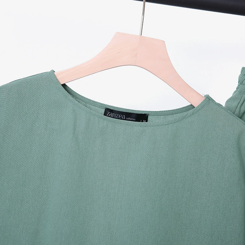 ZANZEA Plus Size Women Cotton Linen Two Set Solid Elastic Waist Pocket Short Sleeve Blouses and Short Casual Summer Two-Piece Set — view 9
