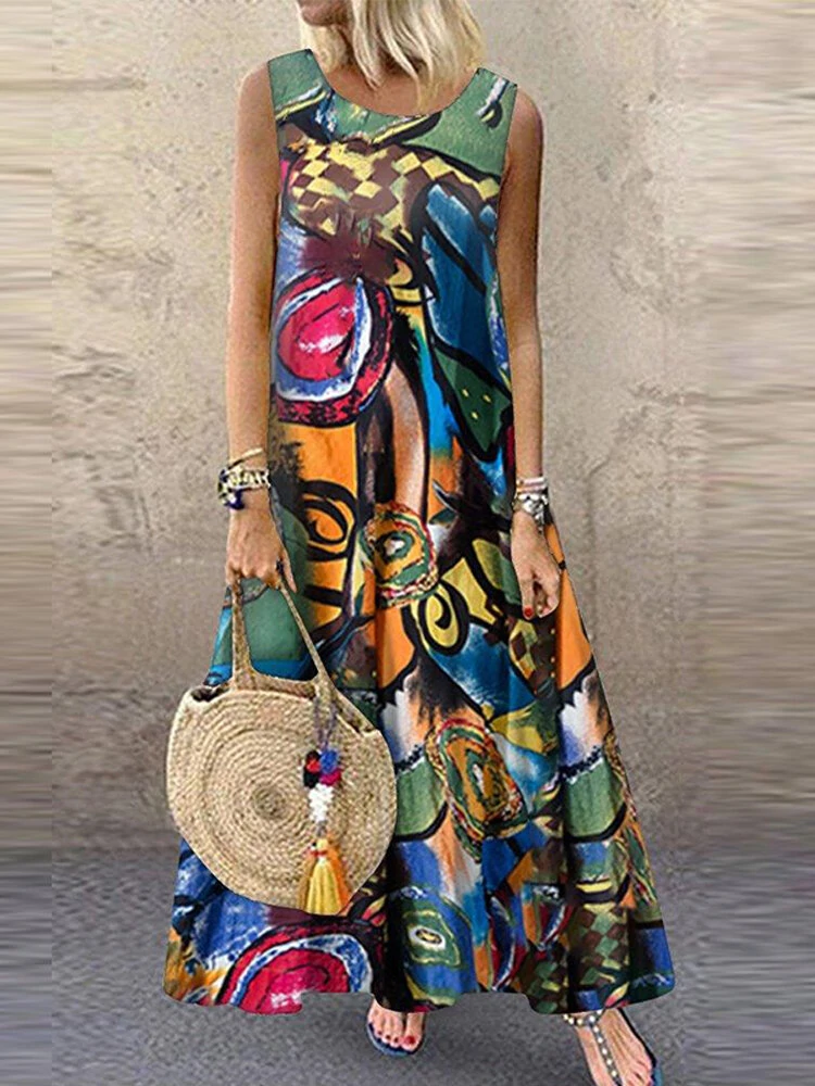ZANZEA Plus Size Women Long Dress Retro O-neck Abstracted Print Sleeveless Beach Maxi Dress with Pockets — view 11