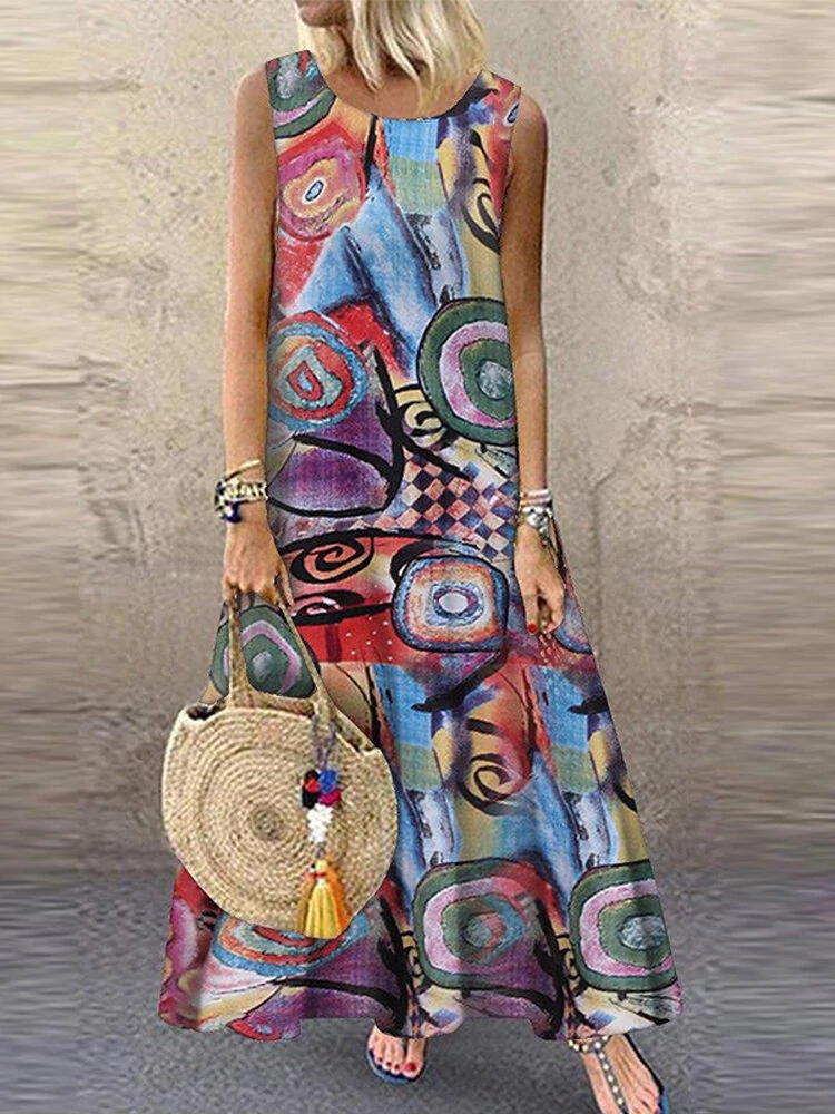 ZANZEA Plus Size Women Long Dress Retro O-neck Abstracted Print Sleeveless Beach Maxi Dress with Pockets — view 2