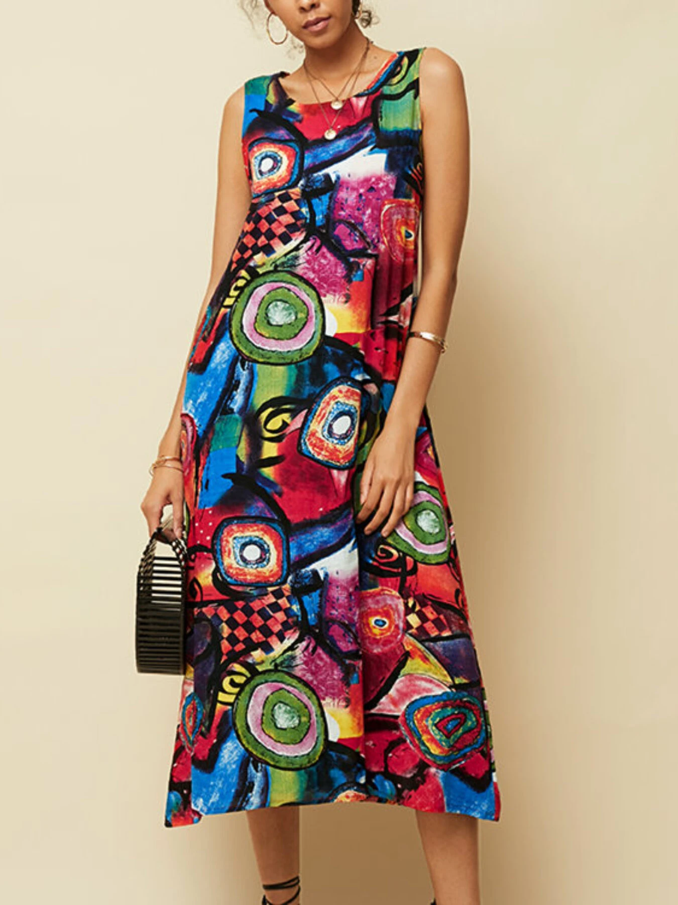 ZANZEA Plus Size Women Long Dress Retro O-neck Abstracted Print Sleeveless Beach Maxi Dress with Pockets — view 3