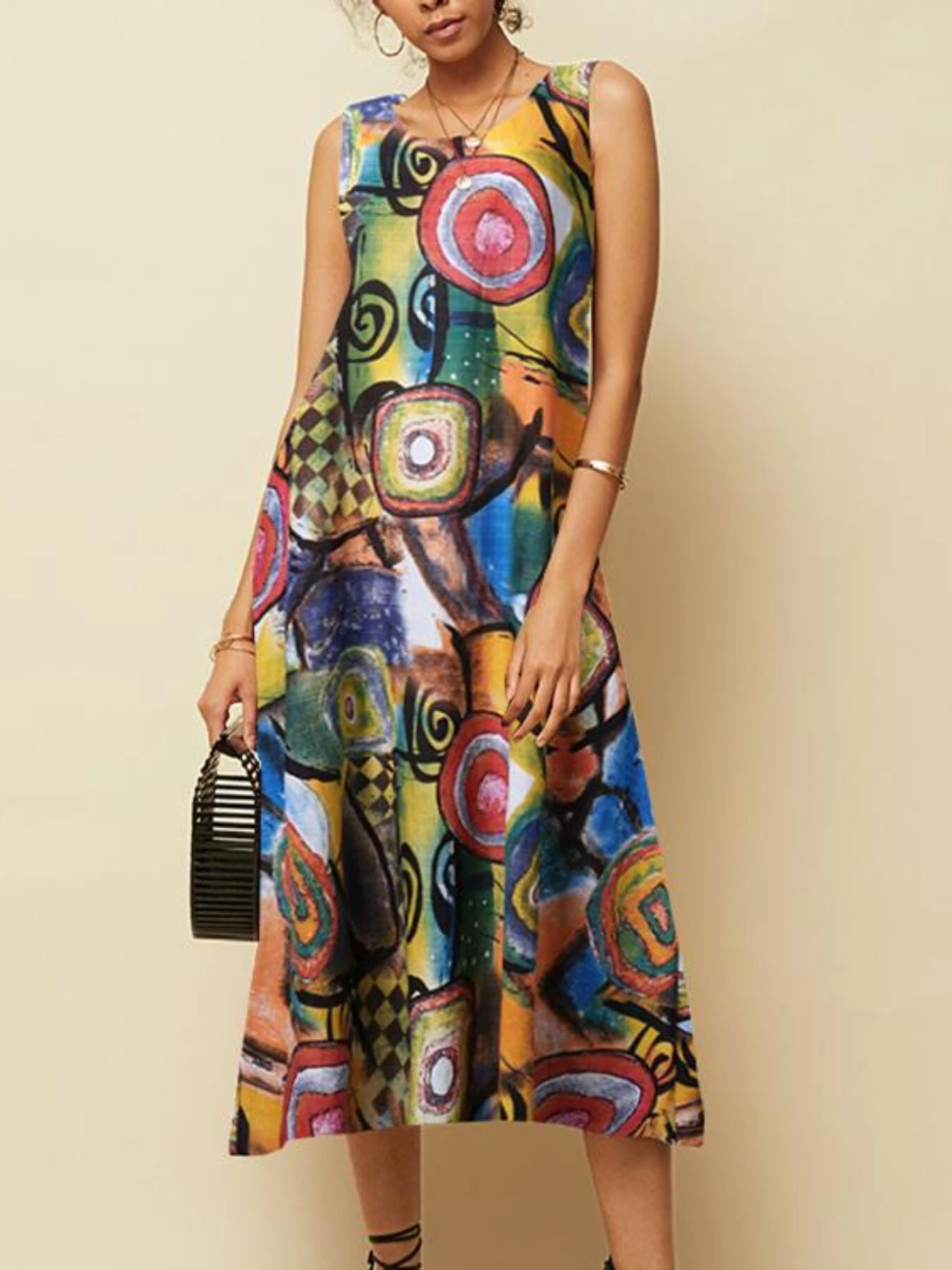 ZANZEA Plus Size Women Long Dress Retro O-neck Abstracted Print Sleeveless Beach Maxi Dress with Pockets — view 5