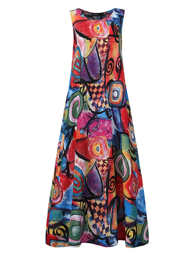 ZANZEA Plus Size Women Long Dress Retro O-neck Abstracted Print Sleeveless Beach Maxi Dress with Pockets — view 6