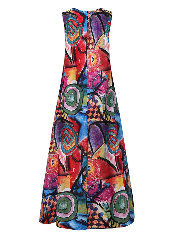 ZANZEA Plus Size Women Long Dress Retro O-neck Abstracted Print Sleeveless Beach Maxi Dress with Pockets — view 7