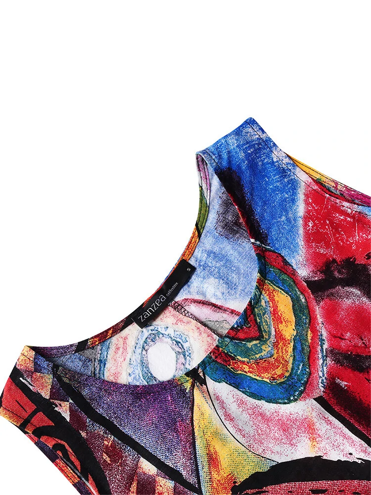 ZANZEA Plus Size Women Long Dress Retro O-neck Abstracted Print Sleeveless Beach Maxi Dress with Pockets — view 8