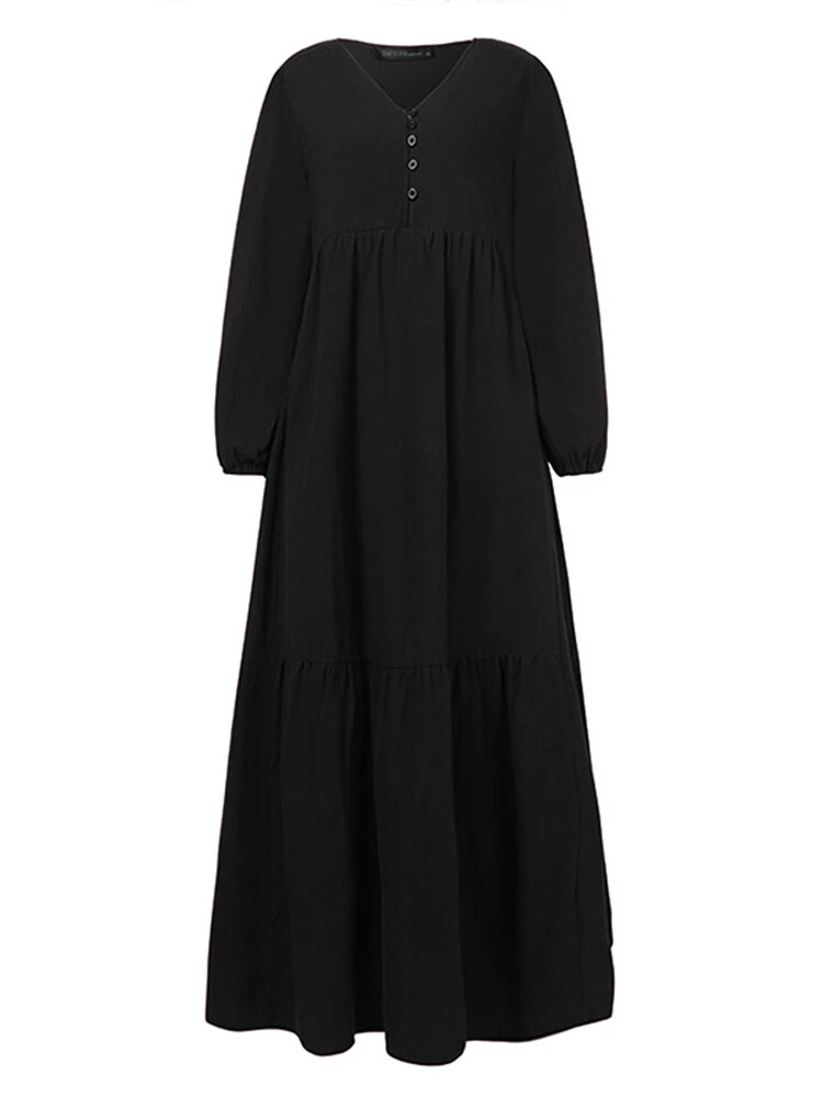 ZANZEA Plus Size Women Long Dress Solid Color V-neck Long Sleeve Causal Maxi Dress — view 10