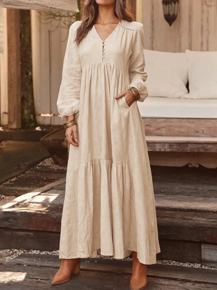 ZANZEA Plus Size Women Long Dress Solid Color V-neck Long Sleeve Causal Maxi Dress — view 11