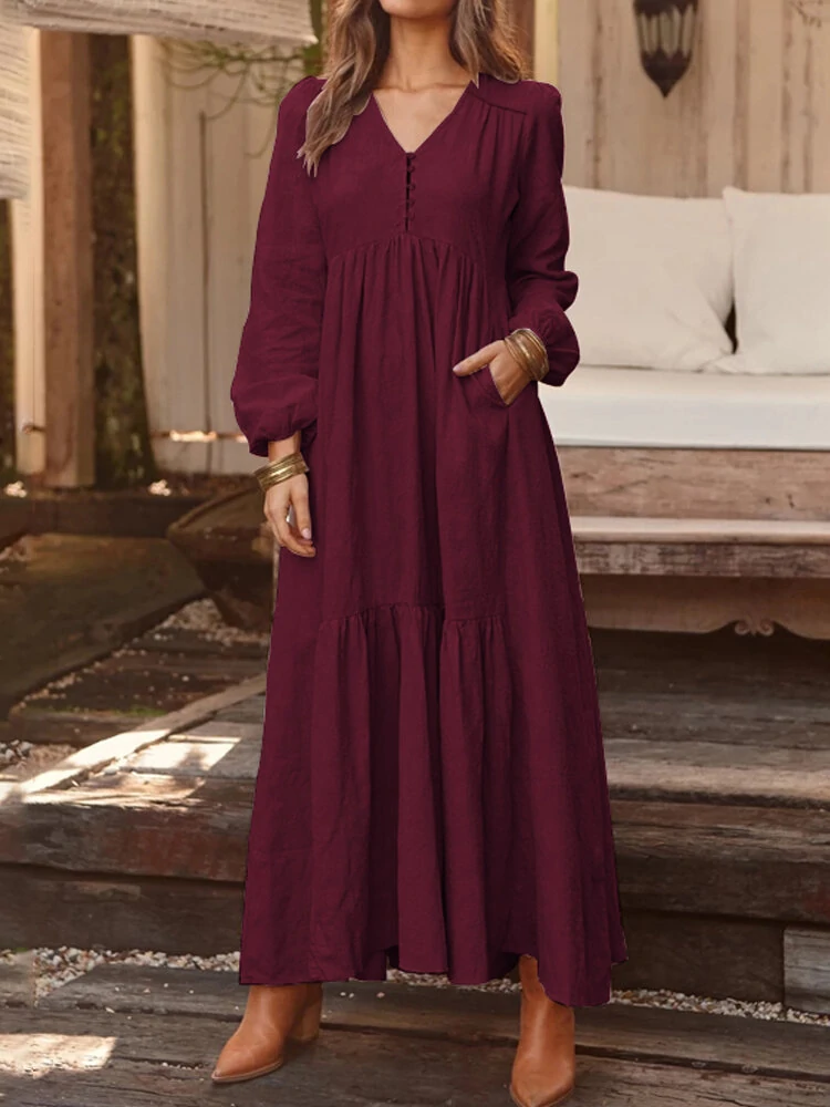 ZANZEA Plus Size Women Long Dress Solid Color V-neck Long Sleeve Causal Maxi Dress — view 3