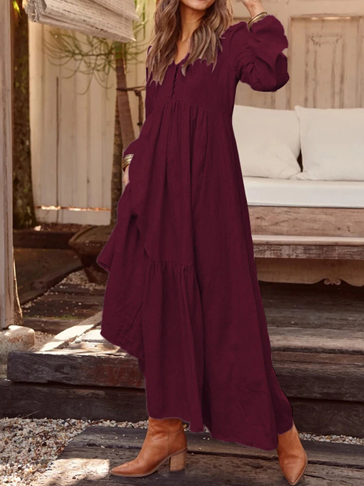 ZANZEA Plus Size Women Long Dress Solid Color V-neck Long Sleeve Causal Maxi Dress — view 4