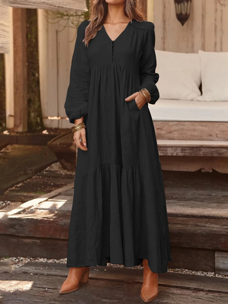 ZANZEA Plus Size Women Long Dress Solid Color V-neck Long Sleeve Causal Maxi Dress — view 5
