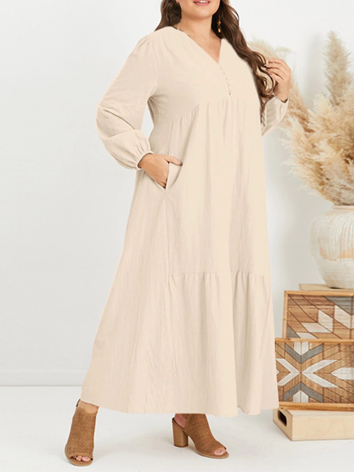 ZANZEA Plus Size Women Long Dress Solid Color V-neck Long Sleeve Causal Maxi Dress — view 6