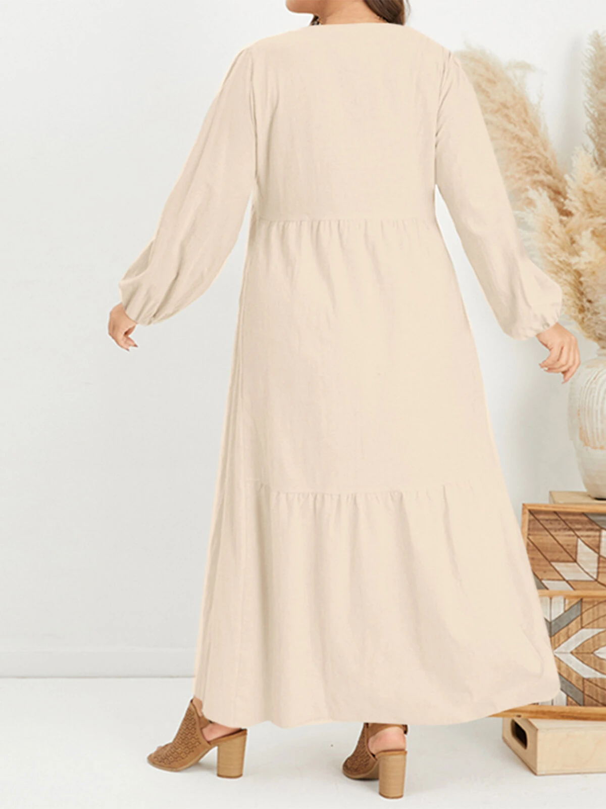 ZANZEA Plus Size Women Long Dress Solid Color V-neck Long Sleeve Causal Maxi Dress — view 8