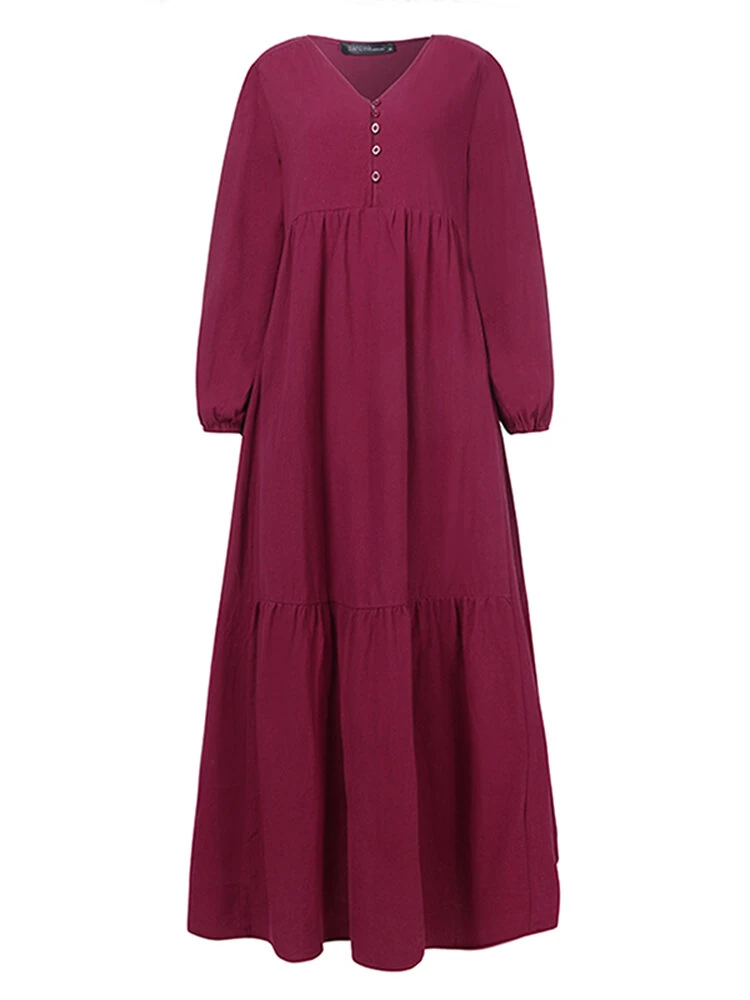 ZANZEA Plus Size Women Long Dress Solid Color V-neck Long Sleeve Causal Maxi Dress — view 9