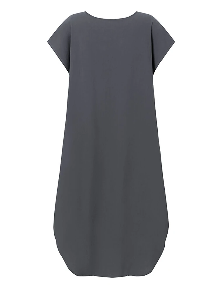 ZANZEA Plus Size Women Mid Long Dress Solid Pocket Short Sleeve Round Neck Cotton Casual Beach Midi Dress — view 6