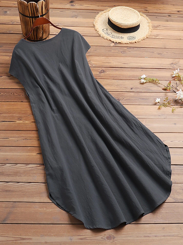 ZANZEA Plus Size Women Mid Long Dress Solid Pocket Short Sleeve Round Neck Cotton Casual Beach Midi Dress — view 7
