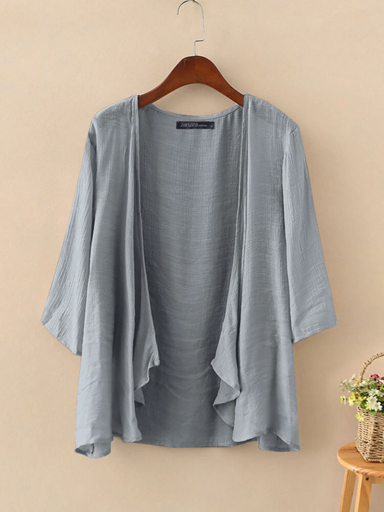 ZANZEA Plus Size Womens Cardigans Solid Color Cape Summer Beach Sunscreen Linen Cardigan — view 2