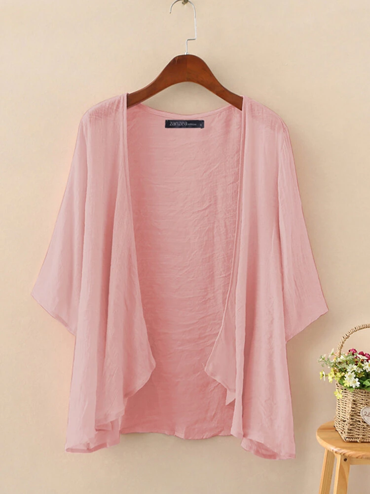 ZANZEA Plus Size Womens Cardigans Solid Color Cape Summer Beach Sunscreen Linen Cardigan — view 3