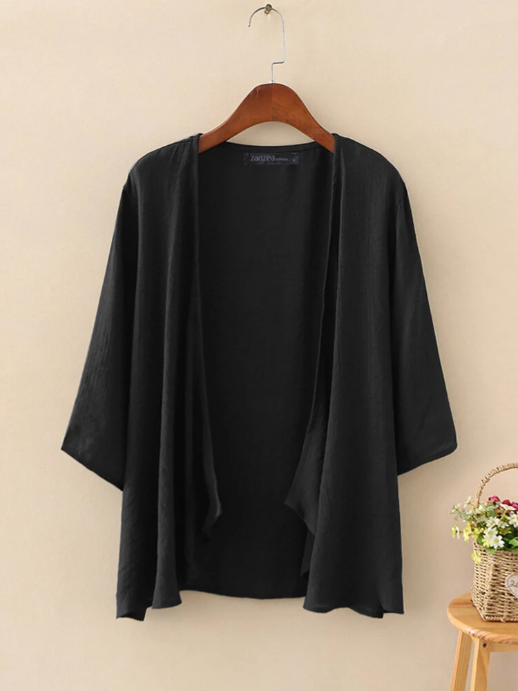 ZANZEA Plus Size Womens Cardigans Solid Color Cape Summer Beach Sunscreen Linen Cardigan — view 4