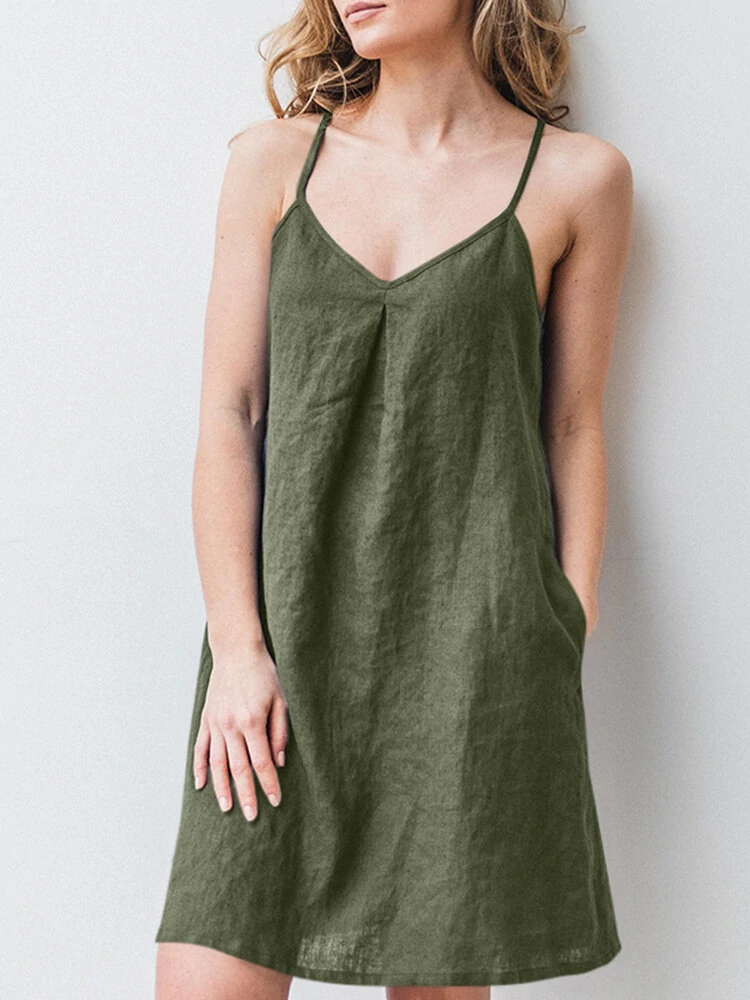 ZANZEA Solid Pocket Spaghetti Strap Backless Dress For Women — view 11