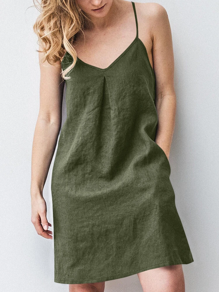ZANZEA Solid Pocket Spaghetti Strap Backless Dress For Women — view 3