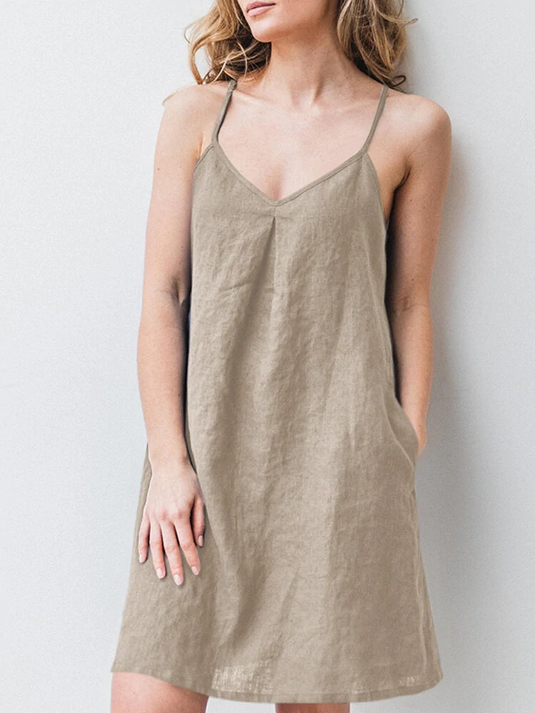 ZANZEA Solid Pocket Spaghetti Strap Backless Dress For Women — view 7